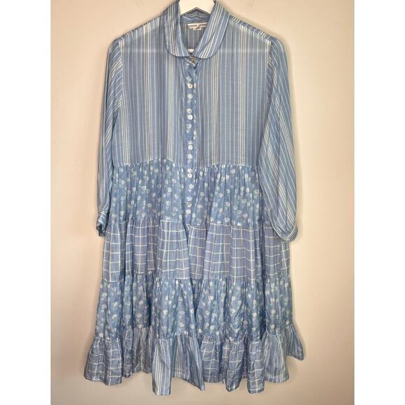 Anouk Grewal Floral Striped Long Sleeve Tiered Midi Shirt Dress Blue Women's M - Picture 1 of 10